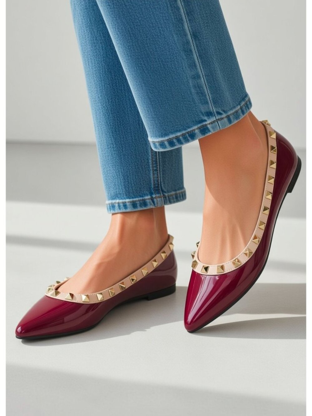 Burgundy Wine Patent Leather Pointed Toe Flats Gold Studded Chic Ballet Shoes